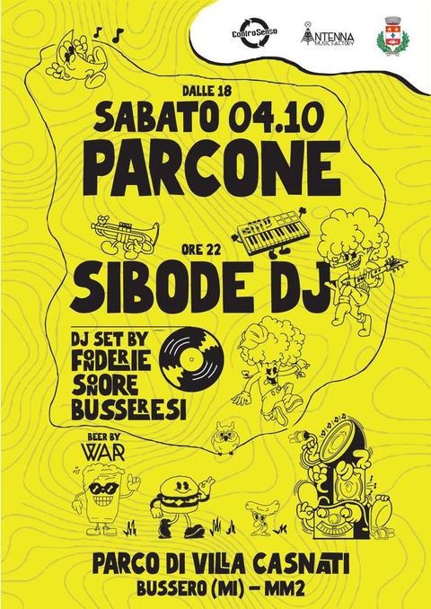 Flyer giallo di ParcOne con Sibode DJ, ottobre 2025