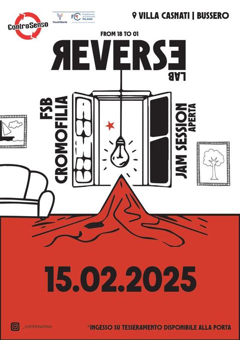 Flyer rosso e nero di Reverse Lab, febbraio 2025