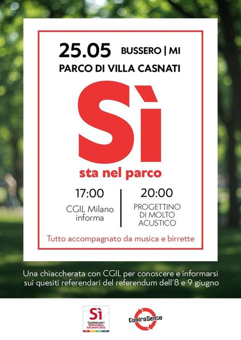 Flyer di Sì sta nel parco, incontro sui referendum con CGIL, maggio 2025