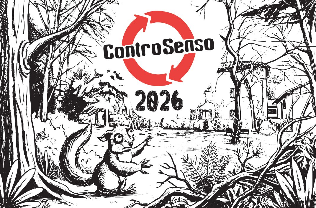 La tessera socio 2026 di Controsenso: illustrazione in bianco e nero del parco con uno scoiattolo