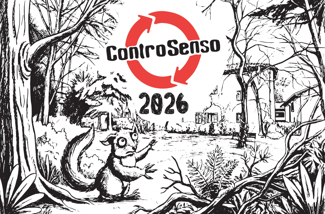 La tessera socio 2026 di Controsenso: illustrazione in bianco e nero del parco con uno scoiattolo